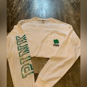 PINK Long Sleeve St. Patrick Day Sequin Shirt Size XS White March Spring Casual